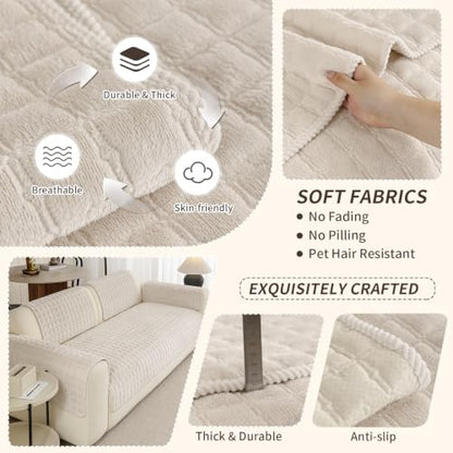 Beige White Sectional Sofa Cover for Pets - 35x94 Inch, Quilted Non-Slip Design