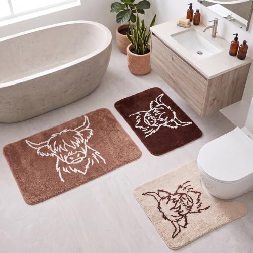 Highland Cow Bathroom Rugs Set - 3 Piece Non Slip Bath Mat Collection