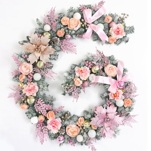 Pink 9FT Christmas Garland with Lights, Flocked Rose Gold Decor, Berries & Pinecones