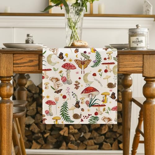 Beige Modern Mushroom Table Runner 13x72 Inch Seasonal Farmhouse Kitchen Decor