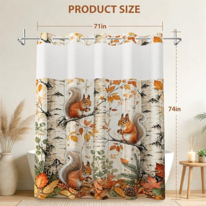 No Hook Fall Squirrel Fabric Shower Curtain with Snap-In Liner 71W x 71L - Squirrel Variation