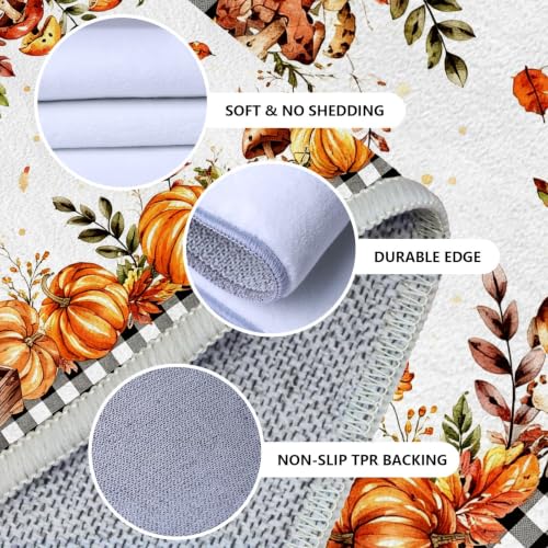 Orange and White Buffalo Plaid Fall Harvest Kitchen Runner Rug 2x6ft - Rustic Leaf Design