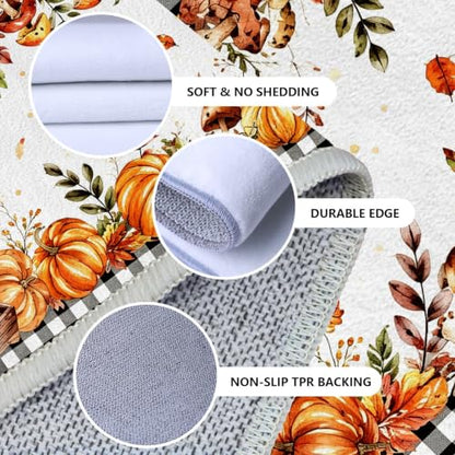 Orange and White Buffalo Plaid Fall Harvest Kitchen Runner Rug 2x6ft - Rustic Leaf Design
