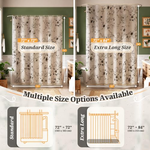 Vintage Black Floral Shower Curtain 72x72 Inches with 12 Clear Hooks - Boho Farmhouse Style