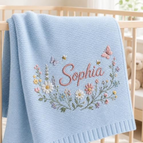 Personalized Baby Blanket - Soft Breathable Cotton Knit with Embroidered Name, Style 7 - Newborn Gift & Baby Shower Present