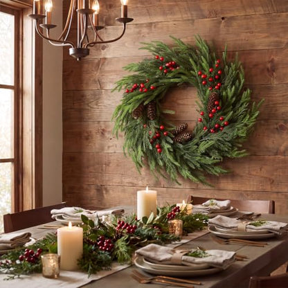 24 Inch Christmas Wreath with Pine Cones and Red Berries for Front Door