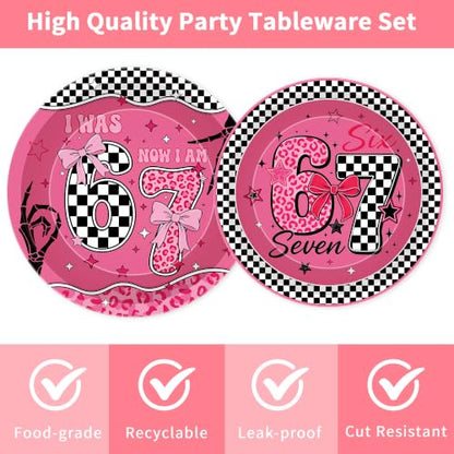 Pink Checkerboard 6-7 Birthday Party Tableware Set - Pink Bow 6-7