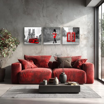 London Theme Canvas Wall Art Set - Black & White Cityscape with Red Buses & Guard Figures, 3 Pieces, 20x20 Inches - Ready to Hang