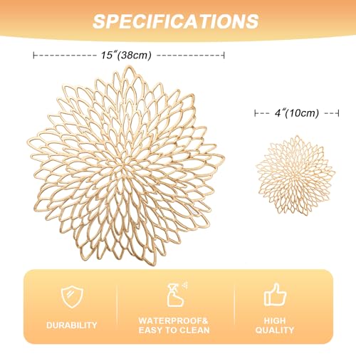 Gold Placemats Set of 12 with Coasters - Round Vinyl Table Mats for Holiday and Wedding Decor
