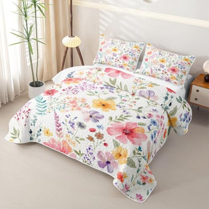 Feelyou Blossom Flowers Pattern Quilt Set Twin Size with Pillowcase - White Red