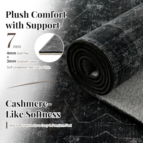 Vintage Washable 5x7 Area Rug Black - Distressed Geometric Pattern, Soft & Non-Slip