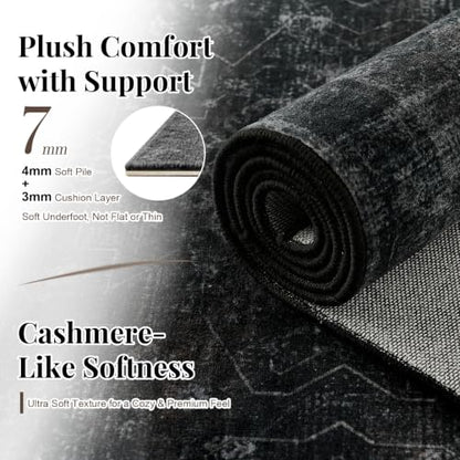 Vintage Washable 5x7 Area Rug Black - Distressed Geometric Pattern, Soft & Non-Slip