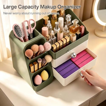 Large Capacity Makeup Organizer with Brush Holder - Green