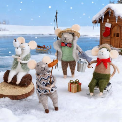 Christmas Felt Mouse Ornaments Set of 4 - Holiday Wool Decorations for Tree Wreath Gift