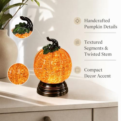 Glitter Lighted Pumpkin Snow Globe - Halloween Decor with Warm Orange LED - Without Battery