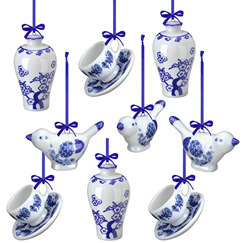 Christmas Porcelain Ornament Set - Blue & White Chinoiserie 9 Pcs Vivid Style