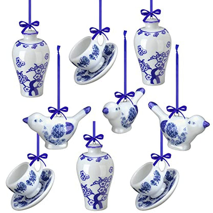 Christmas Porcelain Ornament Set - Blue & White Chinoiserie 9 Pcs Vivid Style