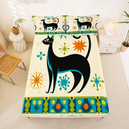 Queen Size Black Cat Bedding Set with Colorful Star Dots - 4Pcs Kids & Adults Bed Sheets