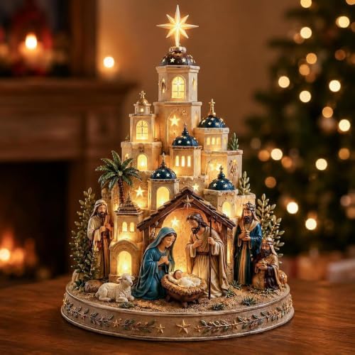 White Bethlehem Nativity Church Light Tower with Holy Family Tabletop Decor