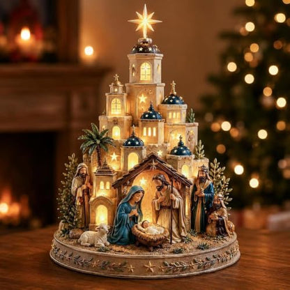 White Bethlehem Nativity Church Light Tower with Holy Family Tabletop Decor