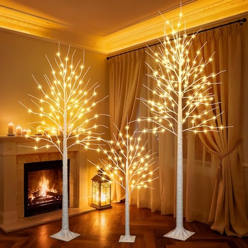 Artificial Birch Trees Set of 3 - 4FT, 6FT, 8FT Christmas Lights & Modes