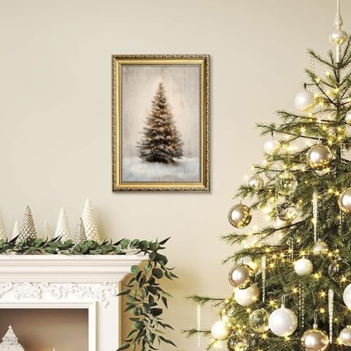 Christmas Tree Wall Art in Snow Frame - Rustic Pine Canvas Decor 16x24