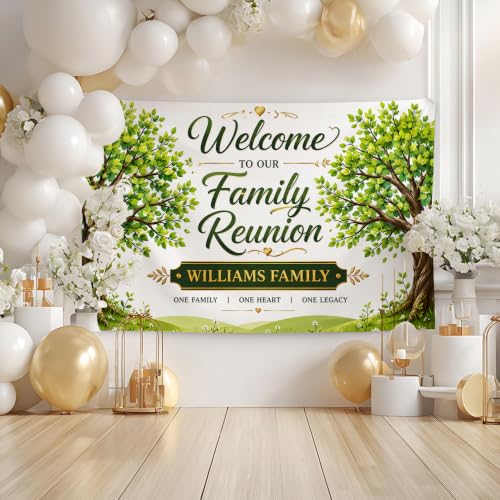 Personalized Family Reunion Banner Backdrop Style 12 Blue Watercolor Pine Forest Custom Name