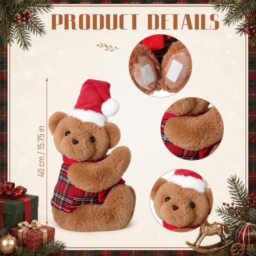 15.75 Inch Christmas Bear Tree Topper - Plush Tartan Plaid Holiday Decor