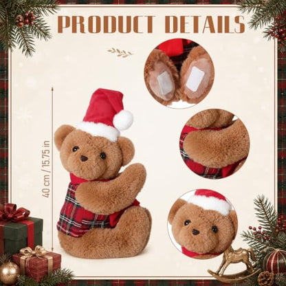 15.75 Inch Christmas Bear Tree Topper - Plush Tartan Plaid Holiday Decor