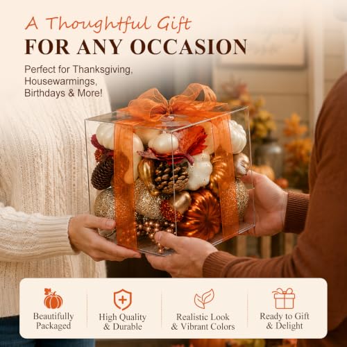 Fall Pumpkin Decor Set with Gold, Silver, White Artificial Pumpkins & Autumn Accessories - 52 Pieces