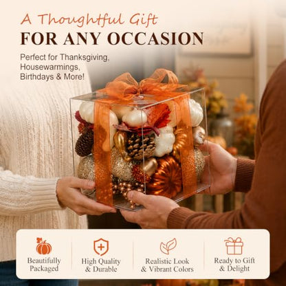 Fall Pumpkin Decor Set with Gold, Silver, White Artificial Pumpkins & Autumn Accessories - 52 Pieces