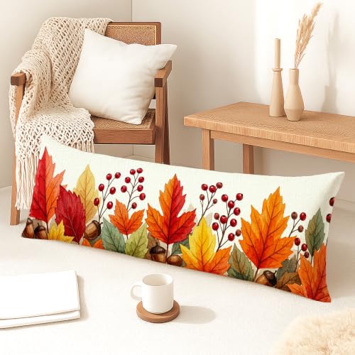 Colorful Autumn Leaves Body Pillow Cover 20x54 Inch Velvet Fall Decor