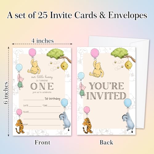Winnie First Birthday Invitations Set with Envelopes - 25 Pack