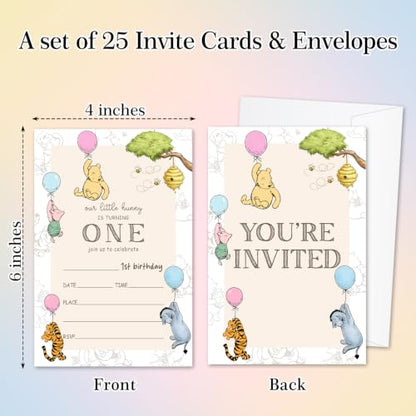 Winnie First Birthday Invitations Set with Envelopes - 25 Pack