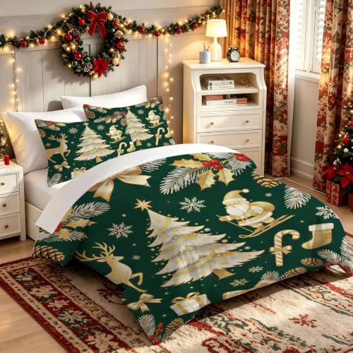 Christmas Comforter Set Queen Size - Gold Reindeer Tree Bedding 3 Pcs - Holiday Bedding
