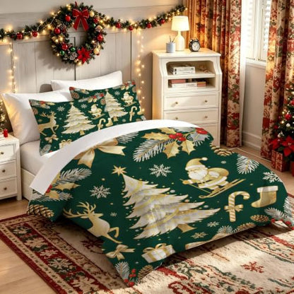 Christmas Comforter Set Queen Size - Gold Reindeer Tree Bedding 3 Pcs - Holiday Bedding