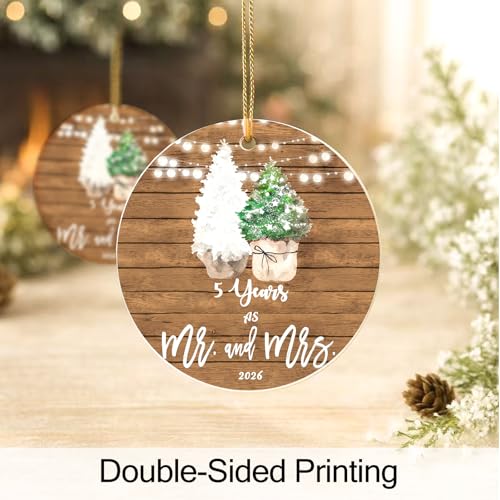 5th Anniversary Ornament for Couple - 5 Year Wedding Keepsake Gift - Mr & Mrs Decor - 2.9 Inch Ceramic Decoration - Gold Hanging String - 2026
