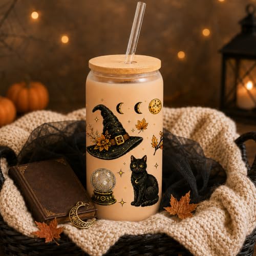 Halloween Glass Cup with Lid & Straw - 16oz Witch Design, Spooky Drinking Bottle