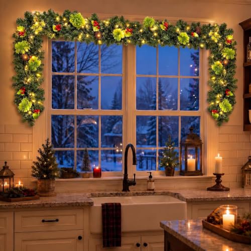 9FT Christmas Garland with Lights for Above Cabinets - Holiday Decor