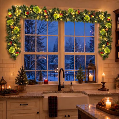 9FT Christmas Garland with Lights for Above Cabinets - Holiday Decor