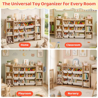 Toy Storage Organizer with Bookshelf and Bins - Solid Pine Kids Playroom Storage