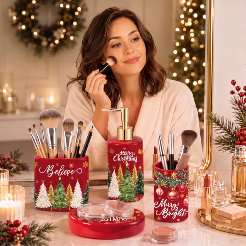Christmas Ceramic Bathroom Accessories Set - Red Merry Christmas Variation