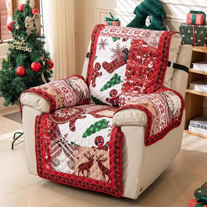 Christmas Sofa Cover for Recliner - Red Patchwork Slipcover with Elastic Straps