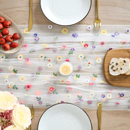 6PCS Embroidery Daisy Gauze Table Runner 28 x 120 Inches Ivory - Set of 6