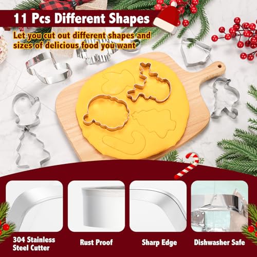 Christmas Cookie Cutters Set - 11 Stainless Steel Shapes Including Snowflake, Snowman, Bell & More | Holiday Baking Supplies