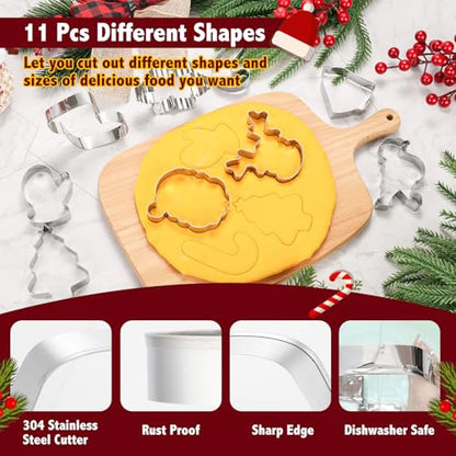 Christmas Cookie Cutters Set - 11 Stainless Steel Shapes Including Snowflake, Snowman, Bell & More | Holiday Baking Supplies