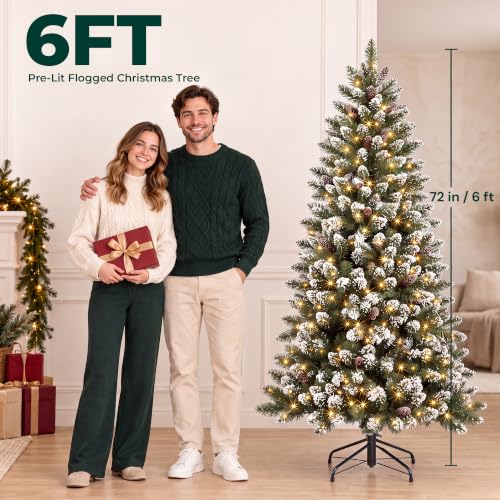 6FT Pre-Lit Snow-Dusted Pencil Christmas Tree with 300 Warm White LEDs