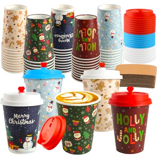 50 Pack Christmas Disposable Coffee Cups with Lids & Sleeves - 12 Oz Vintage Xmas Paper Cups for Hot & Cold Drinks