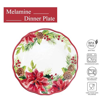 Poinsettias Melamine Dinner Plate Set - Christmas Flower-Shaped Plates, 11 Inch, Set of 6 - Red, BPA-Free, Dishwasher Safe