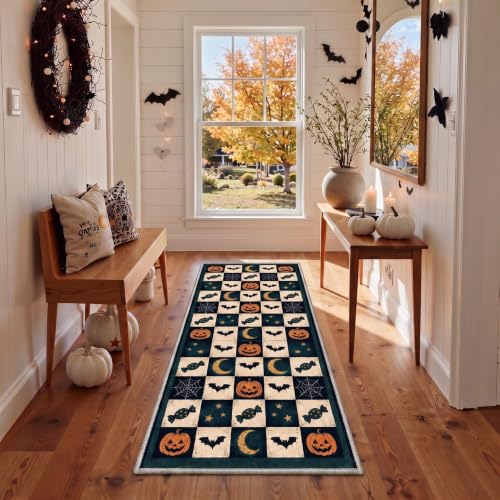 Halloween Runner Rug Pumpkin Moon Bat Non Slip 2x6 Antique Teal